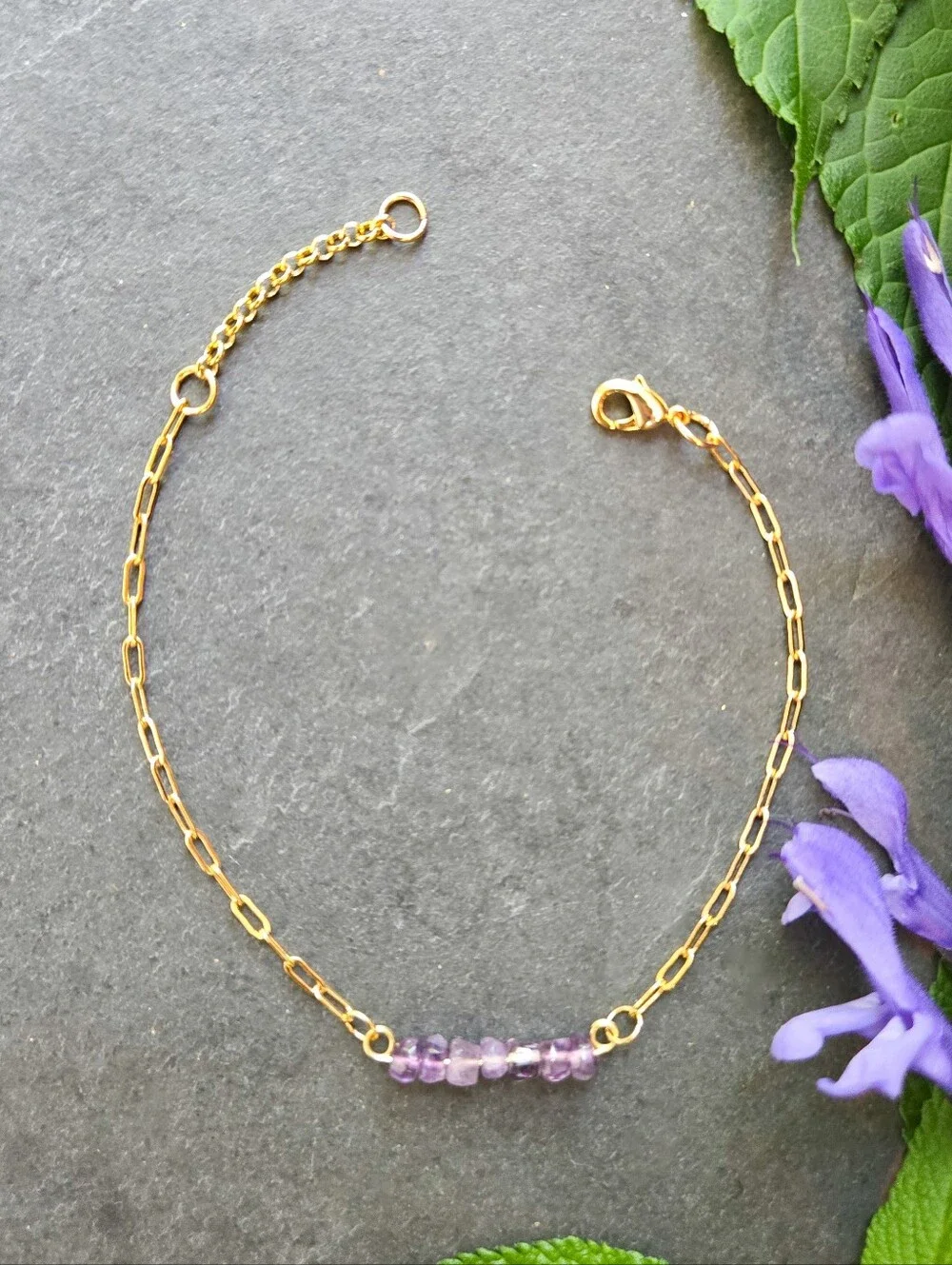 NWT Artisan-Made Amethyst 24k Gold-Plated Paperclip Chain Bracelet
